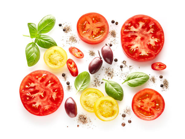 istock Basil, olives,tomatoes and spices on white background 2195705277
