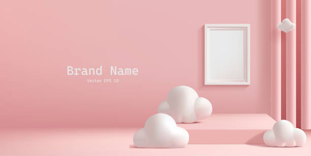 istock Pink banner for advertising products. 3D empty podium, white photo frame, clouds, columns. Modern banner for advertising promotional offers, and new products. Vector 2195705930