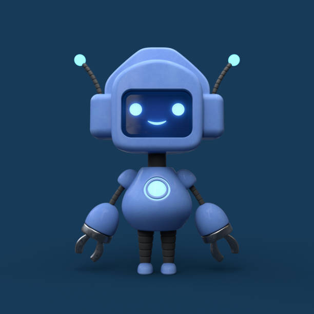 istock 3d render little cute blue robot with antenna, glowing smiling face. 2195708228