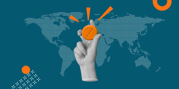 Hand holding an orange pill against a world map, representing a revolutionary global medicine reshaping healthcare solutions. A cure for cancer or a slimming pill concept. Minimalist art collage mano sosteniendo la píldora naranja contra el mapa del mundo, que representa la medicina global revolucionaria que remodela las soluciones de atención médica. una cura para el cáncer o un concepto de píldora adelgazante. collage de arte minimalista