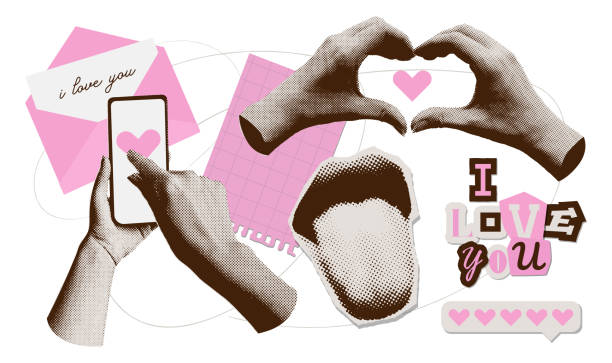 istock Trendy vintage collage with Retro halftone mouth with tongue and hands with heartd. Valentines day design paper elements. Pop art dotted style. Heart hands. Vintage newspaper parts. Vector. 2195722257