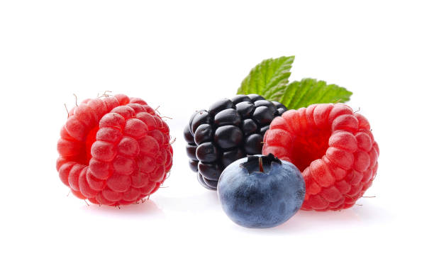 istock Raspberry, blackberry and blueberry in closeup on white background 2195722700