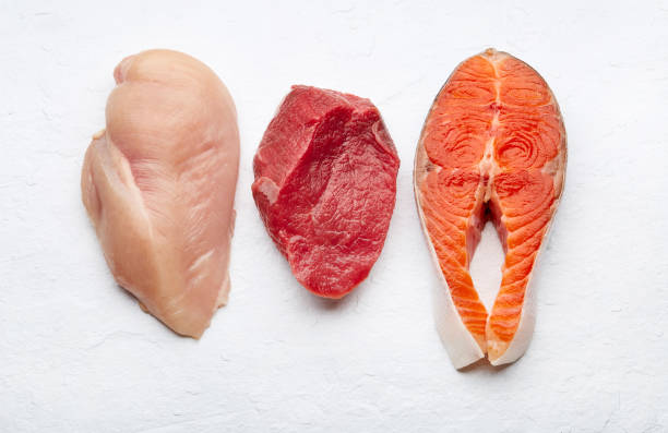 istock Healthy keto eating. Chicken, salmon, beef on white background 2195724112