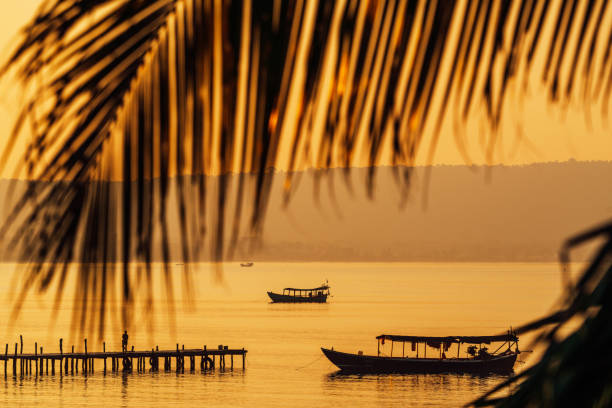 istock Palm Tree Framed Sunset Scene Over Boats and Dock in Cambodia 2195724117
