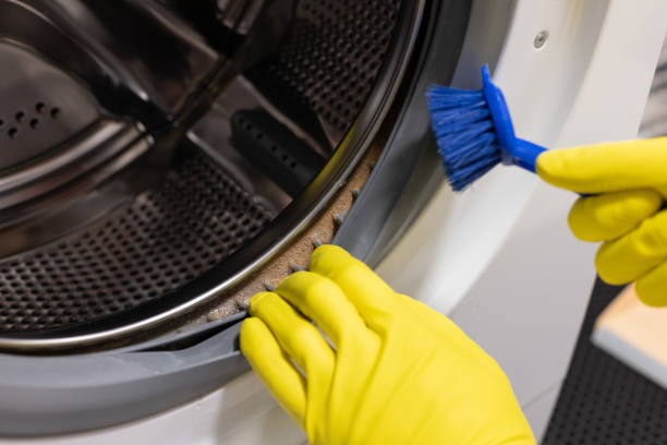 istock Hands in protective gloves cleaning with brush dirty moldy washing machine. 2195724210