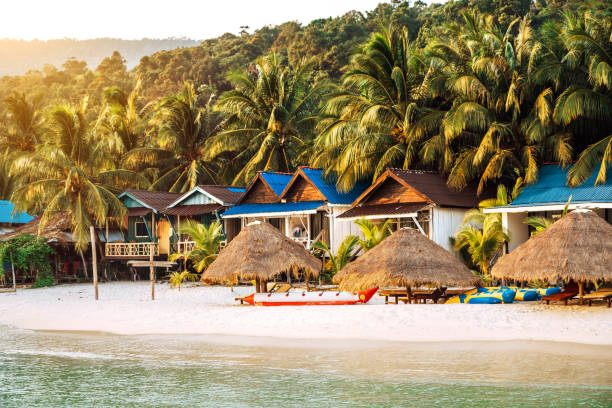 istock Cozy Beachfront Huts with Palm Trees on Koh Rong Island, Cambodia 2195724296