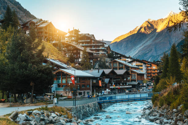 Zermatt in the Mattertal with Findelbach River at sunset