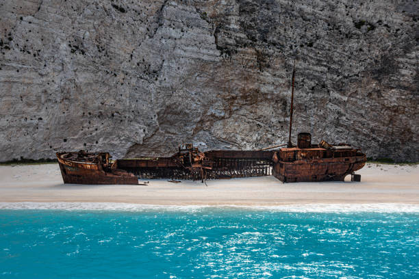 Close capture of the shipwreck on the island of Zakynthos captured on a sunny day
