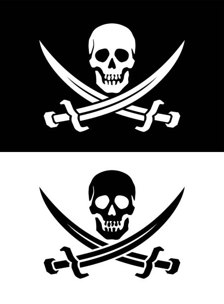istock Pirate flag. Skull with sabres. Jolly Roger, black pirate flag with Adam's head (human skull). 2195727185