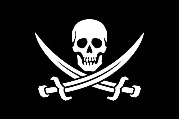 istock Pirate flag. Skull with sabres. Jolly Roger, black pirate flag with Adam's head (human skull). 2195727218