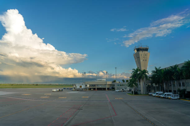Air traffic control tower at Palmira International Airport. Colombia. Airport control tower at Alfonso Bonilla Aragón International Airport at dusk. Valle del Cauca. Colombia. November 24, 2024. palmira colombia stock pictures, royalty-free photos & images