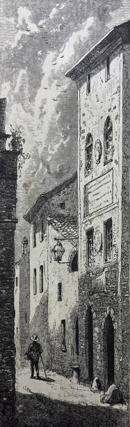 istock Antique illustration - man walking down a narrow street in Genoa Italy 2195729056