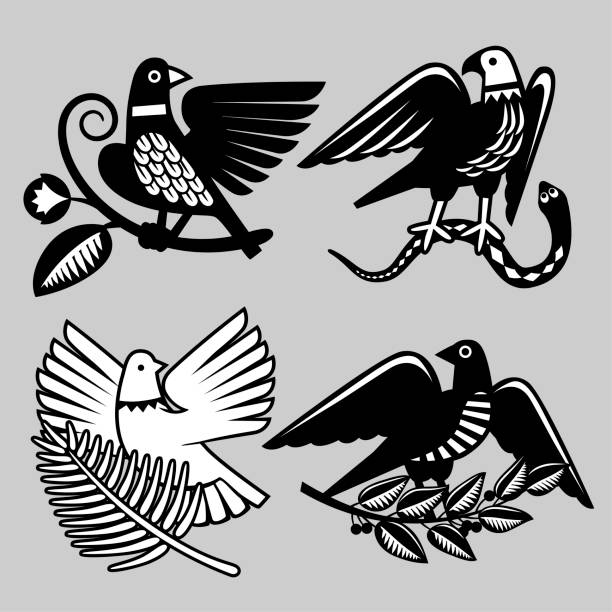 Set of black and white decorative cartoon birds icons in engraving style. Vector illustration