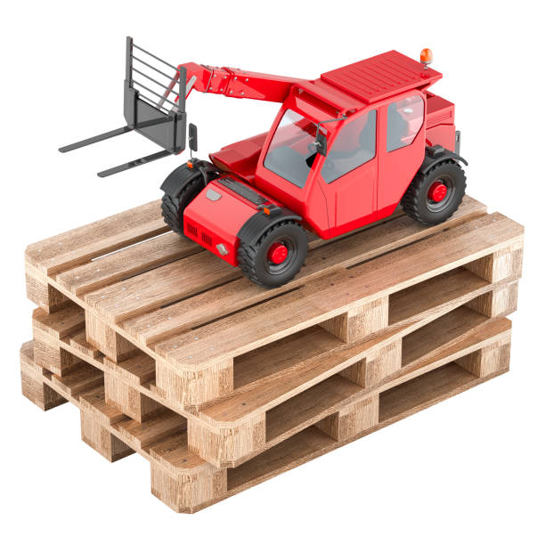 Telescopic handler on the wooden pallets. 3D rendering isolated on white background