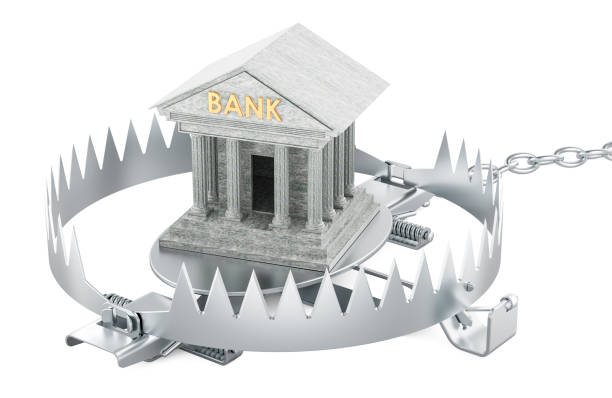 istock Financial trap from bank, concept. Bear trap with Bank building inside, 3D rendering 2195738444