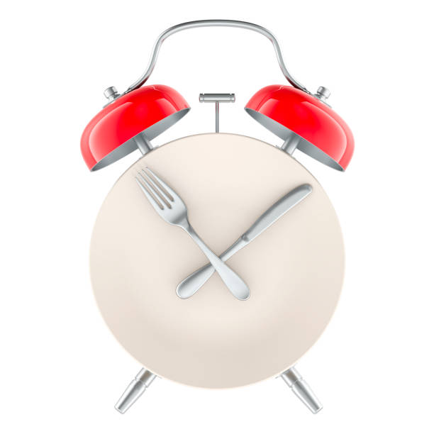 istock Intermittent fasting, lunchtime, diet and weight loss, concept. Dinner Plate with fork and knife as alarm clock. 3D rendering 2195738459
