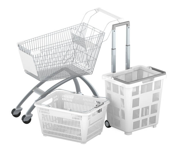 istock White shopping cart, rolling basket and plastic shopping basket. 3D rendering 2195739531