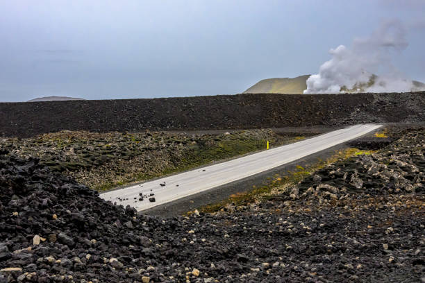 The road to Grindavik, Iceland overrun by lava flow near the Blue Lagoon.