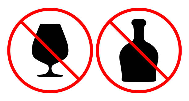 istock Set of Prohibited alcohol consumption sign. Vector illustration symbol of cognac bottle and symbol of glass with red prohibition circle, symbolizing no drinking allowed 2195756068