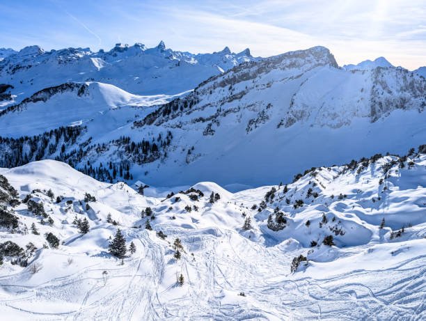 istock Aerial drone view of snow covered ski slopes at Stoos,Switzerland 2195761237