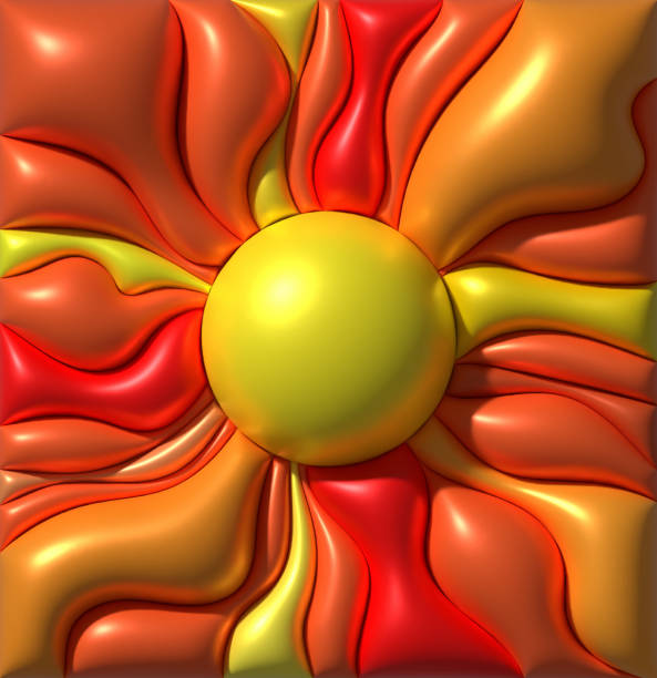 Volumetric yellow circle and orange rays with shiny smooth surface, 3D rendering illustration