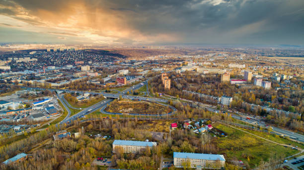 istock Cityscape with a cloudy sky and a sunset in the background 2195781709