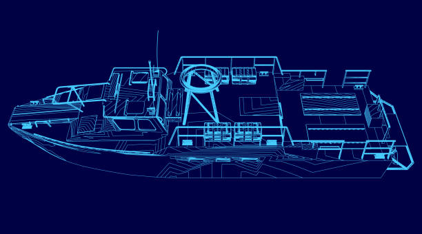 istock Blue boat wireframe. The boat is shown in a blue color scheme 2195784714