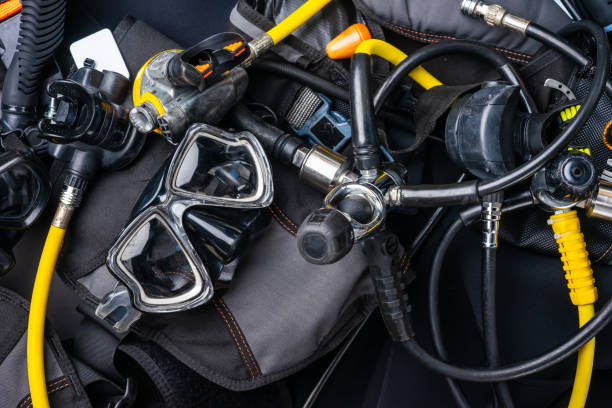 istock Scuba Fins, Regulator Octopus, Depth Gauge , Balanced Regulator ,Power Inflator ,Dive Mask and Snorkel , Scuba Gear for a Dive on a Boat 2195795305