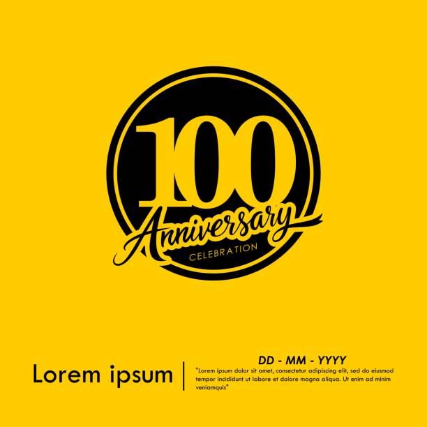100th years anniversary celebration emblem. black anniversary logo isolated with ribbon on yellow background. vector illustration template design for web, flyers, poster, greeting card