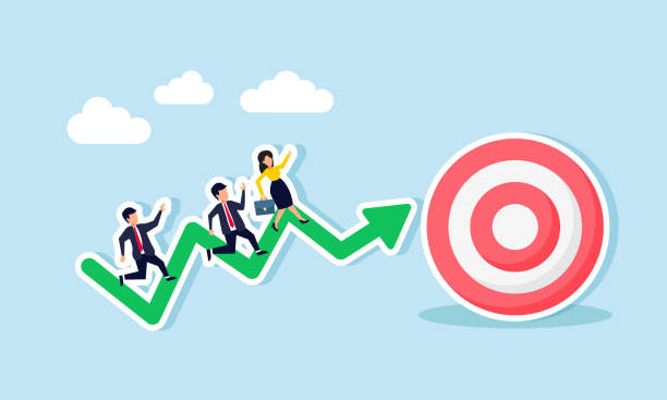istock Businesspeople race on a rising green chart beside a target board, illustration of improving business performance in effective target achievement 2195798354