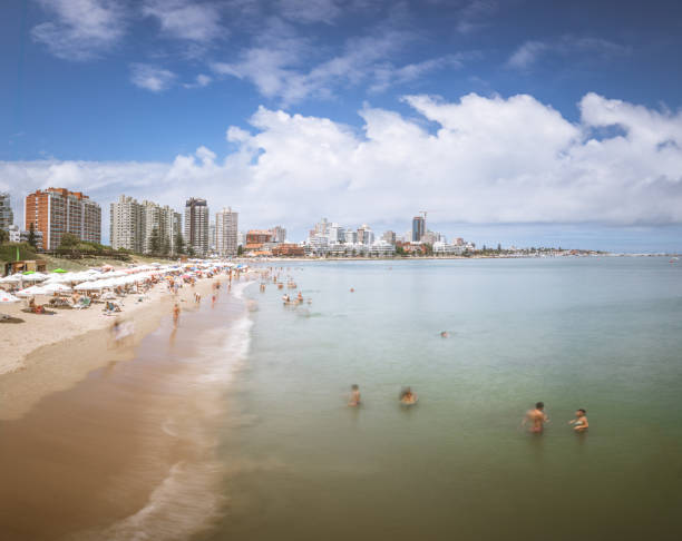 A panoramic view of Punta del Este peninsula on a bright summer day, showcasing the vibrant La Mansa Beach filled with people enjoying the sun and sea. The city skyline and bustling port serve as a stunning backdrop, completing the picturesque coastal scene.