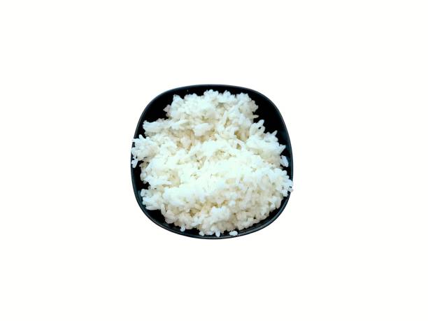 istock Cooked white rice in ceramic bowl isolated on white background. Food menu concept 2195807463