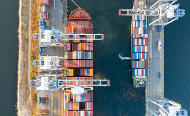 istock Top view of container port and container ships. 2195812428