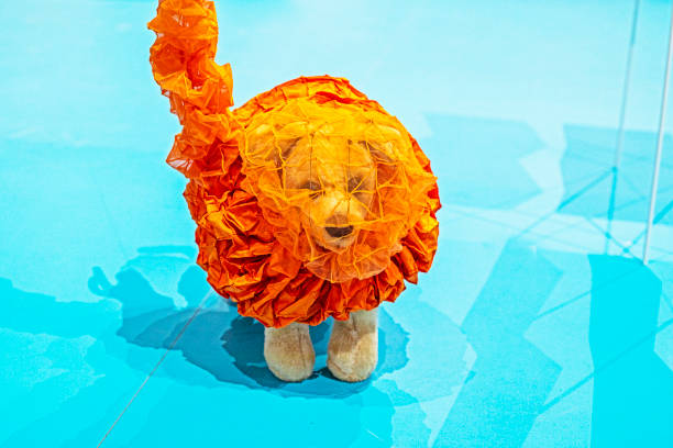 cute toy dog wrapped in orange blanket on blue background