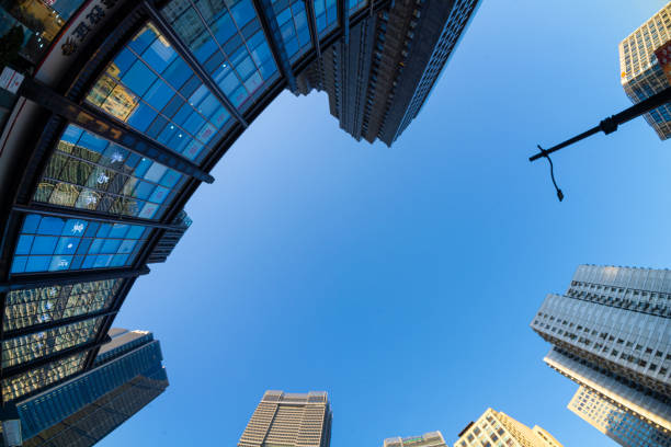 Shanghai, China. January 10, 2025. panoramic view from below of modern skyscrapers in the city center