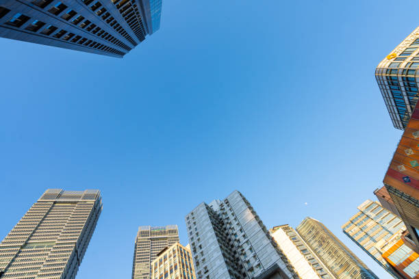Shanghai, China. January 10, 2025. panoramic view from below of modern skyscrapers in the city center