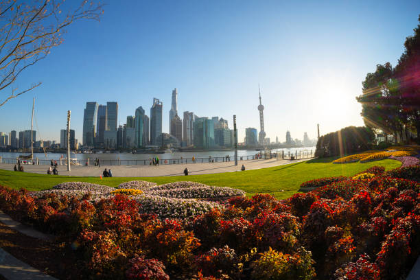 Shanghai, China. January 10, 2025. Panoramic view of the skyscrapers from the North Bund Green Land in the city center