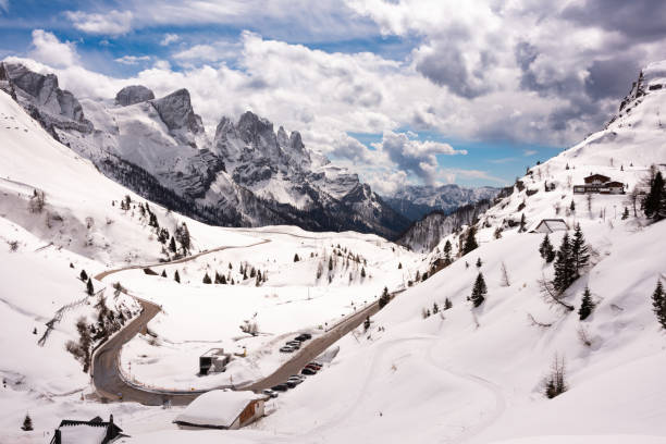 istock Winter mountain road in Dolomite alps, Italy 2195819097