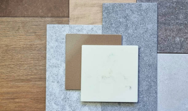 istock showcases a collection of various material samples arranged in a visually appealing composition, including wood tiles, stone tiles. 2195820452