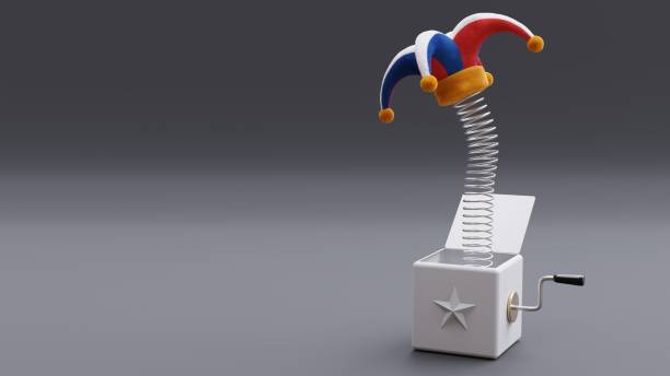 April fools day template. Jester hat out of a box, copy space, 3d render
