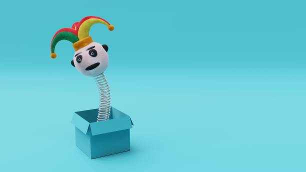 April fools day template. Jester hat, colorful cap on green background, copy space, 3d render