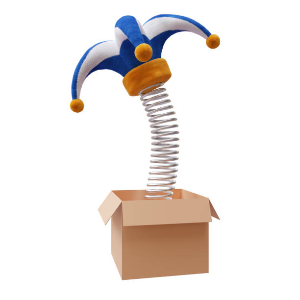 Fools hat on a spring out of a box isolated on white, April fools day surprise 3d render