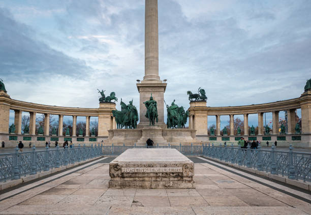 Budapest, Hungay - April 21, 2023: Statue of Gyula Andrássy in front of the Hungarian Parliament Building in Budapest .