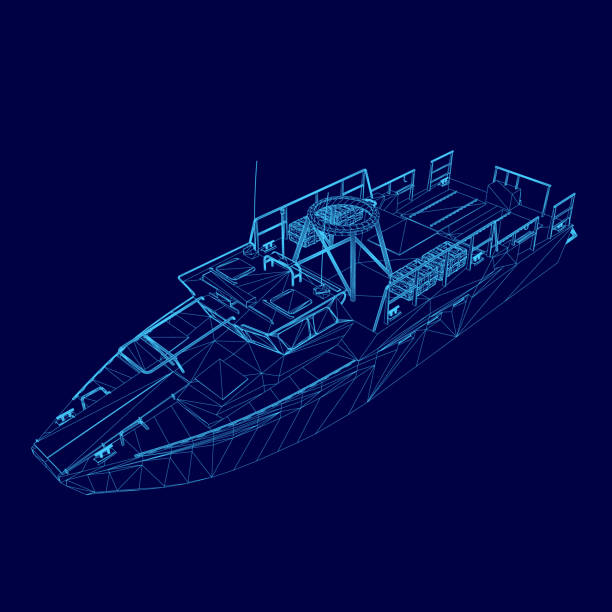 istock Blue boat is displayed in a blue background. The boat is a 3D model and is shown in a blue color 2195832832