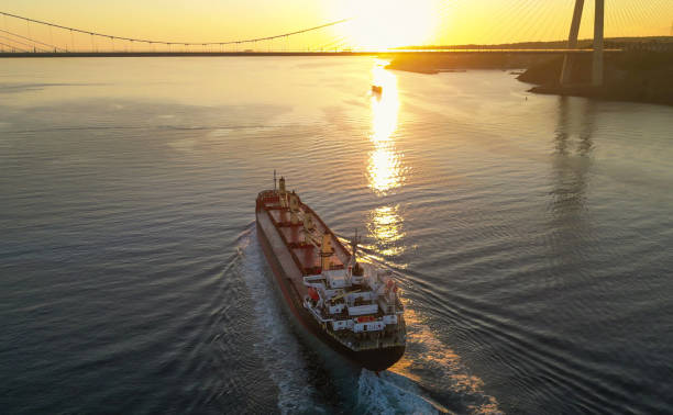 istock Aerial view of cargo ship passing bridge at sunset 2195837921