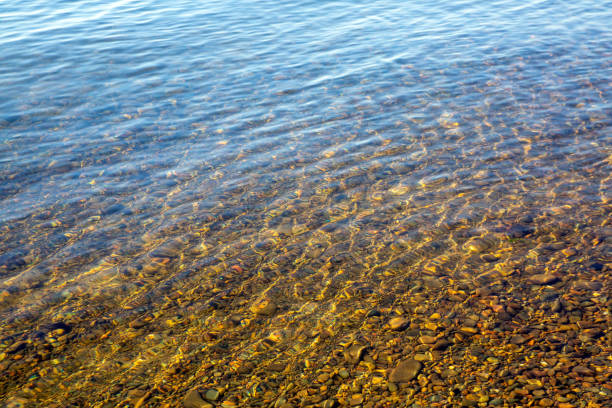 Stones on the river bottom under a layer of clean river water. Pebble texture. Ecology.