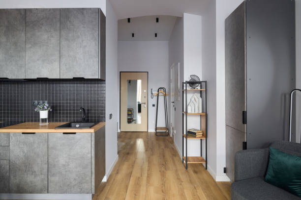 istock The interior of a modern minimalist apartment includes a stylish kitchen and a hallway 2195843610