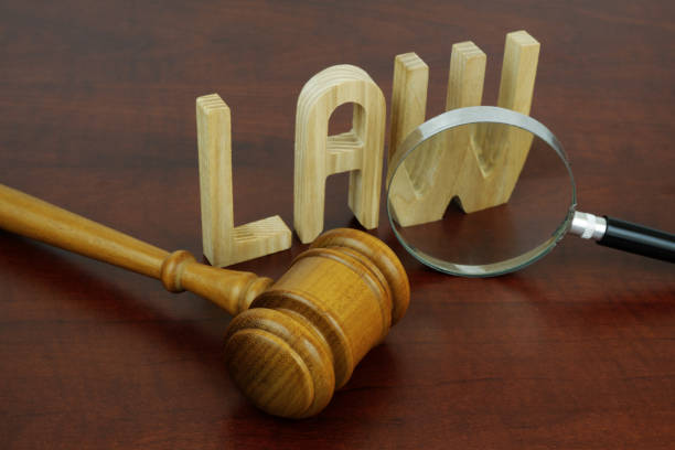 istock Word LAW, judge gavel and magnifying glass on table. 2195844100