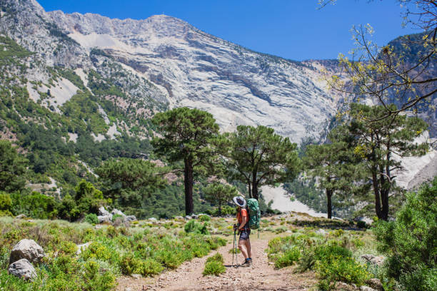 istock Hiker walking along Lycian Way, carrying backpack and trekking poles 2195847290