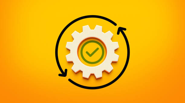 istock 3D Gear with Rotating Arrows and Check Mark on Yellow Background, Representing Automation and Efficiency 2195852654